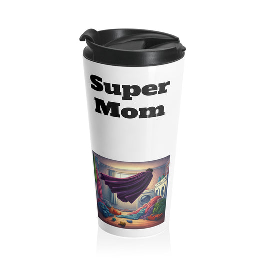 Stainless Steel Travel Mug - Super Mom Flying Over Laundry Room Design 15 oz
